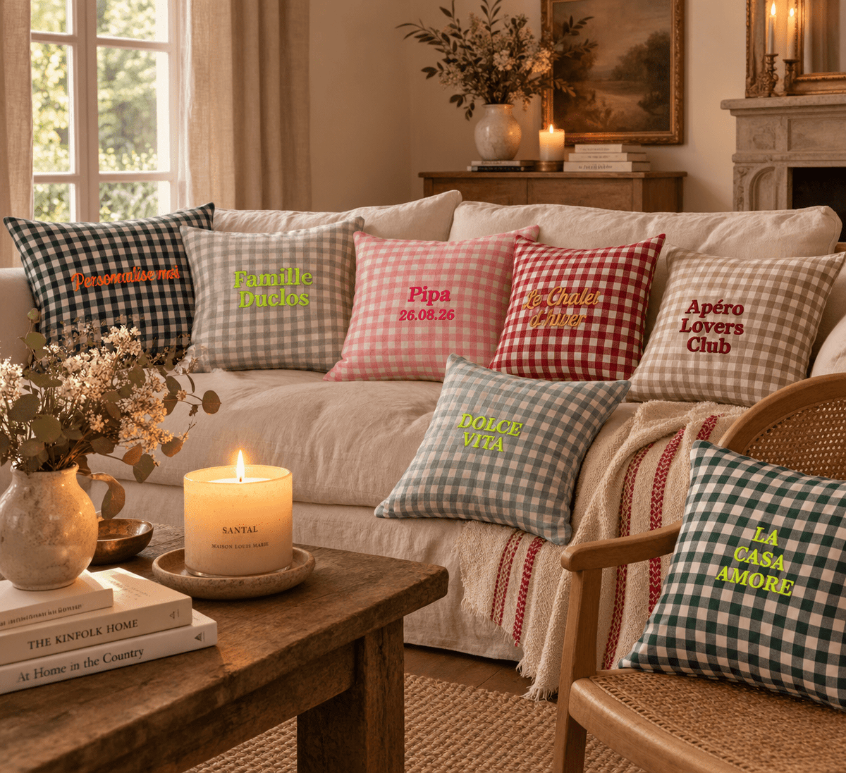Housse de coussin vichy brodé personnalisable - LPC