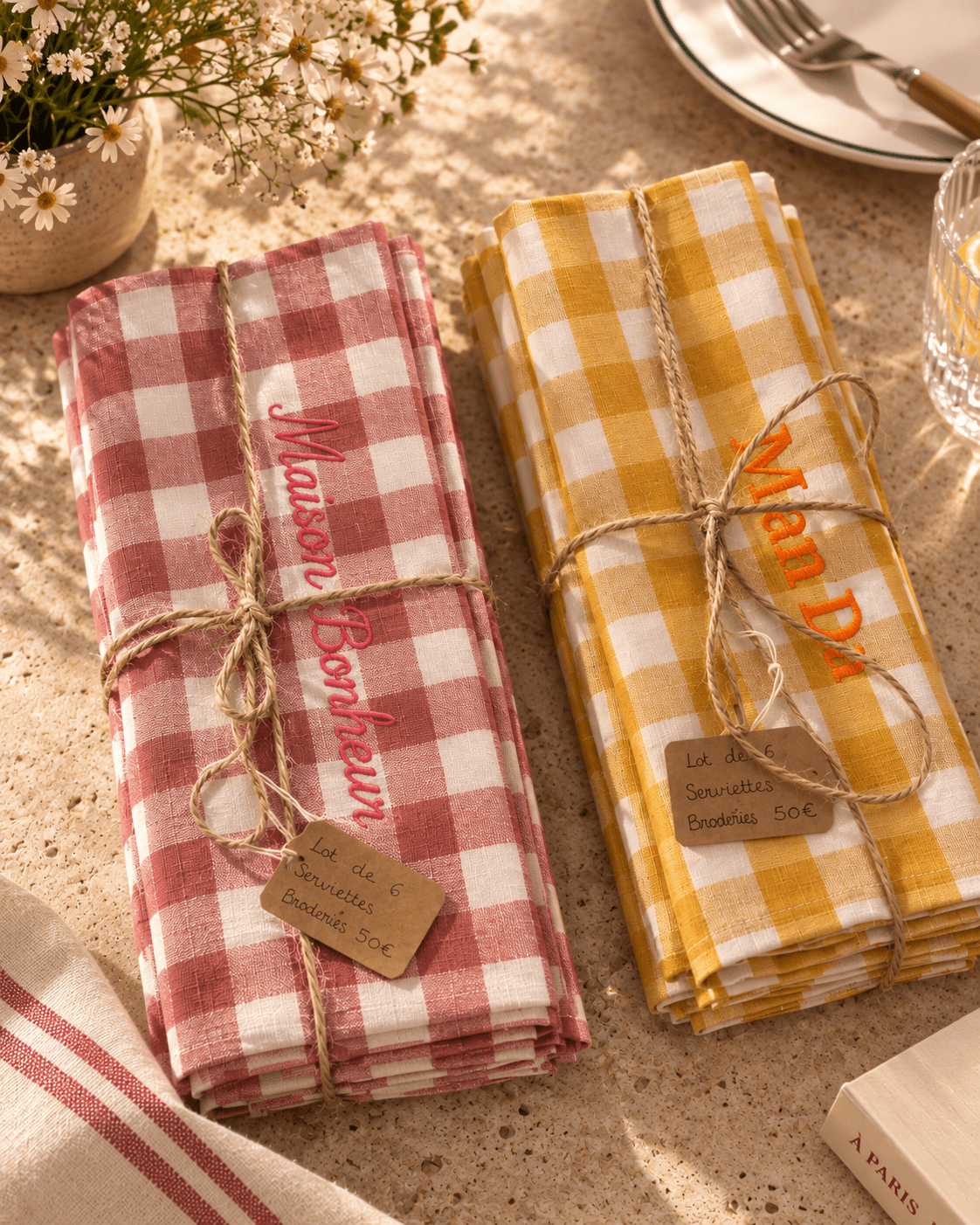 Serviettes vichy brodées personnalisable - Lot de 4 - LPC